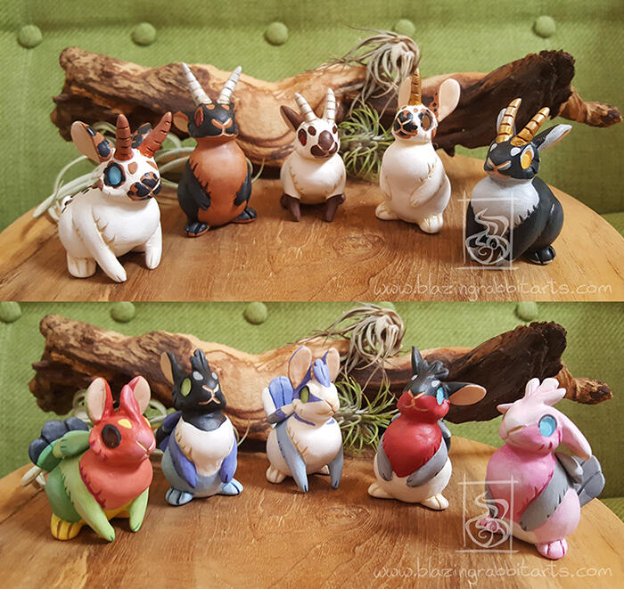 Sculptures of different Jackalopes and Skvaders in various bird and rabbit colors.
