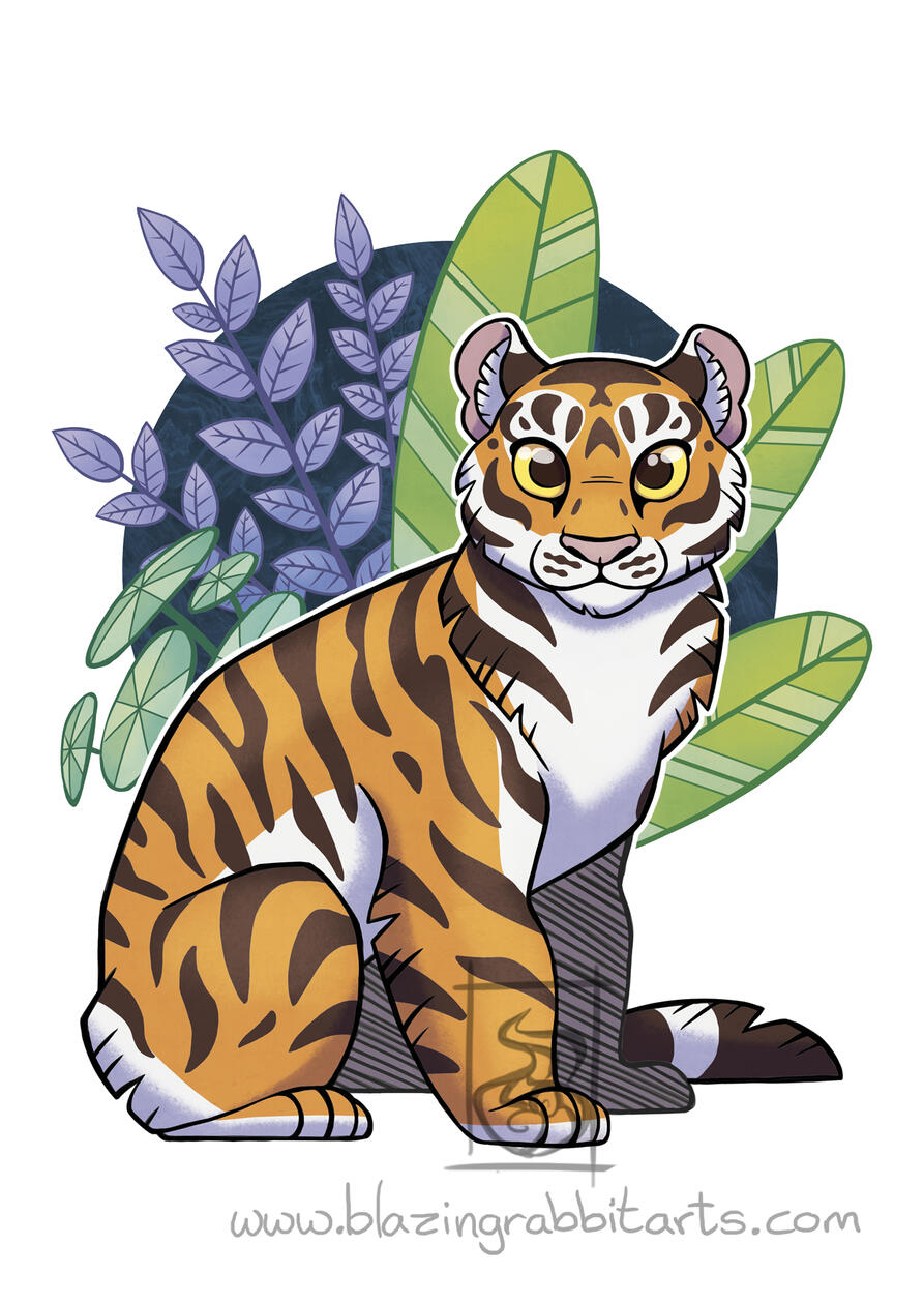 Illustration of a tiger sitting in front of some plants.